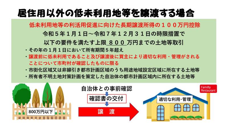 居住用以外の低未利用地等を譲渡する場合<br><br>低未利用地等の利活用促進に向けた長期譲渡所得の100万円控除<br>　令和5年1月1日～令和7年12月31日の時限措置で<br>　以下の要件を満たす上限800万円までの土地等取引<br>　<br>・その年の1月1日において所有期間5年超え<br>・譲渡前に低未利用であること及び譲渡後に買主により適切な利用・管理がされることについて市町村が確認したものに限る<br>・市街化区域又は非線引き都市計画区域のうち用途地域設定区域に所在する土地等<br>・所有者不明土地対策計画を策定した自治体の都市計画区域内に所在する土地等<br><br>　自治体との事前確認→確認書の交付→譲渡<br>